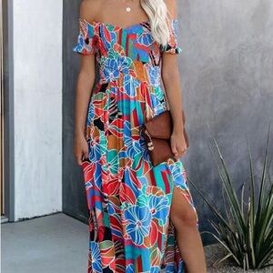 Aakaa Off The-Shoulder Tropical Floral Maxi Dress